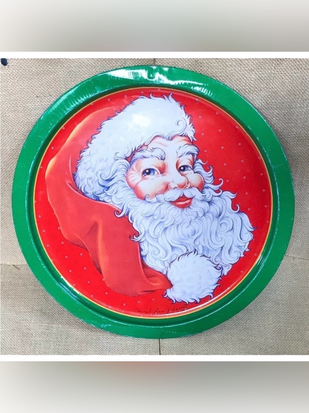 Vintage Santa Claus Round Metal Tray Christmas Holiday Joyful Whimsical